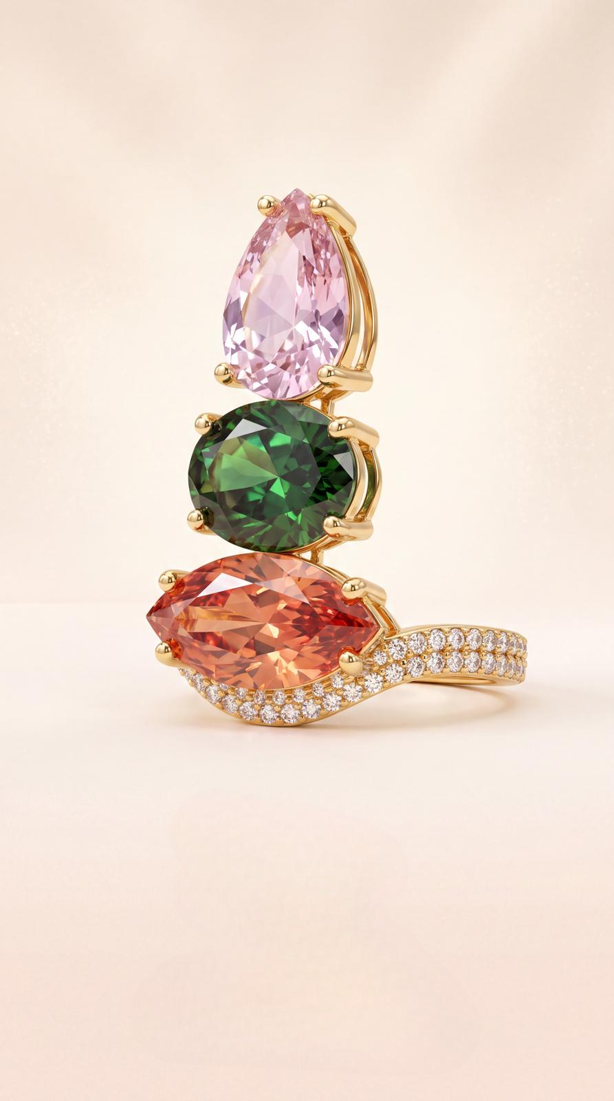 BLA-BLA 0020B — Pink, Emerald & Sunset Triple Stone Ring